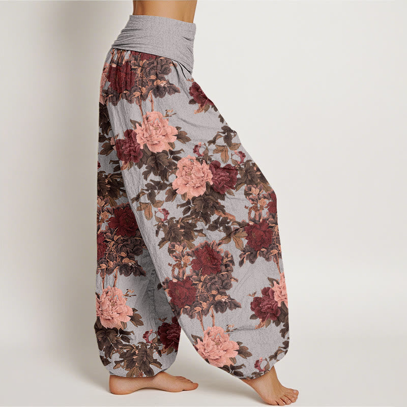 Nimara Ritual Cotton Casual Lush Peony Flowers Leaf Pattern Women's Elastic Waist Harem Pants