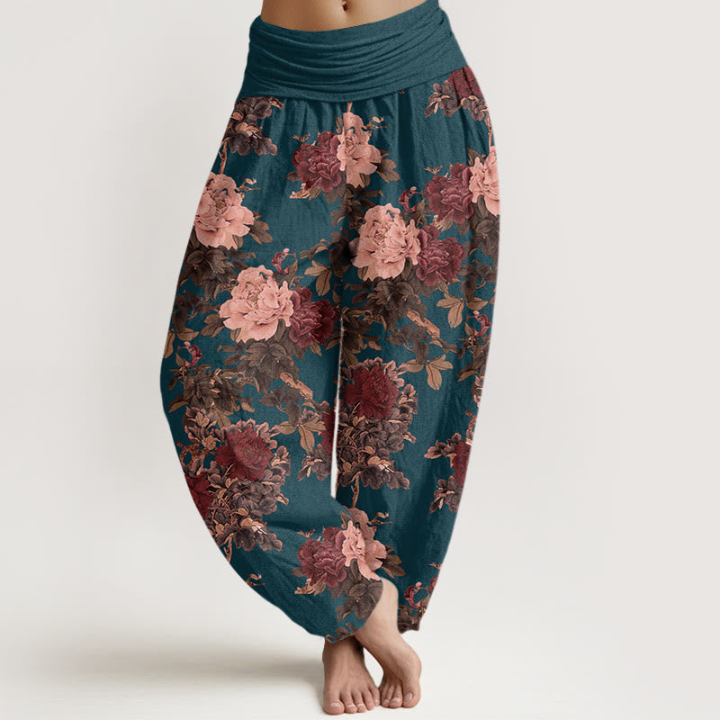 Nimara Ritual Cotton Casual Lush Peony Flowers Leaf Pattern Women's Elastic Waist Harem Pants