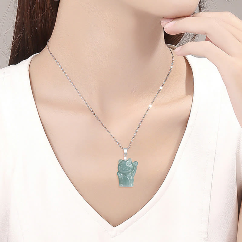 Nimara Ritual Natural Jade Lucky Cat Abundance Titanium Steel Necklace Pendant
