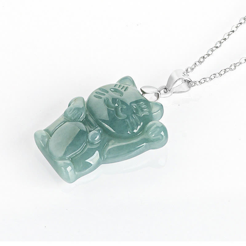 Nimara Ritual Natural Jade Lucky Cat Abundance Titanium Steel Necklace Pendant