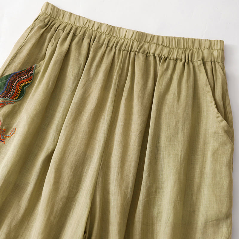 Nimara Ritual Summer Embroidery Double Layer Cotton Linen Women's Wide Leg Pants With Pockets