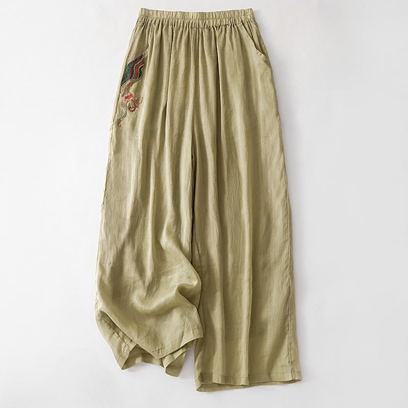 Nimara Ritual Summer Embroidery Double Layer Cotton Linen Women's Wide Leg Pants With Pockets