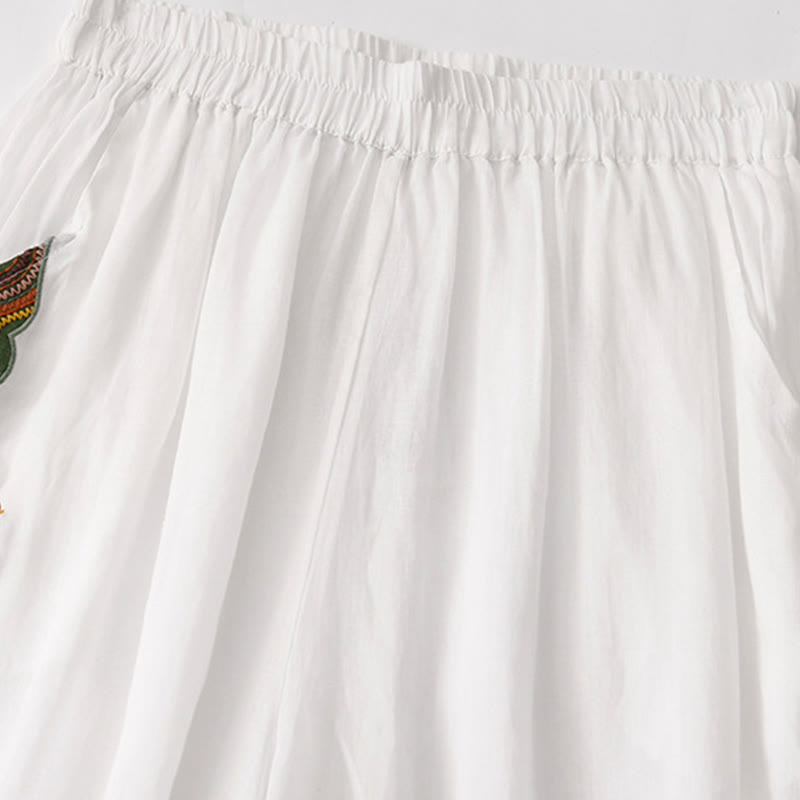 Nimara Ritual Summer Embroidery Double Layer Cotton Linen Women's Wide Leg Pants With Pockets