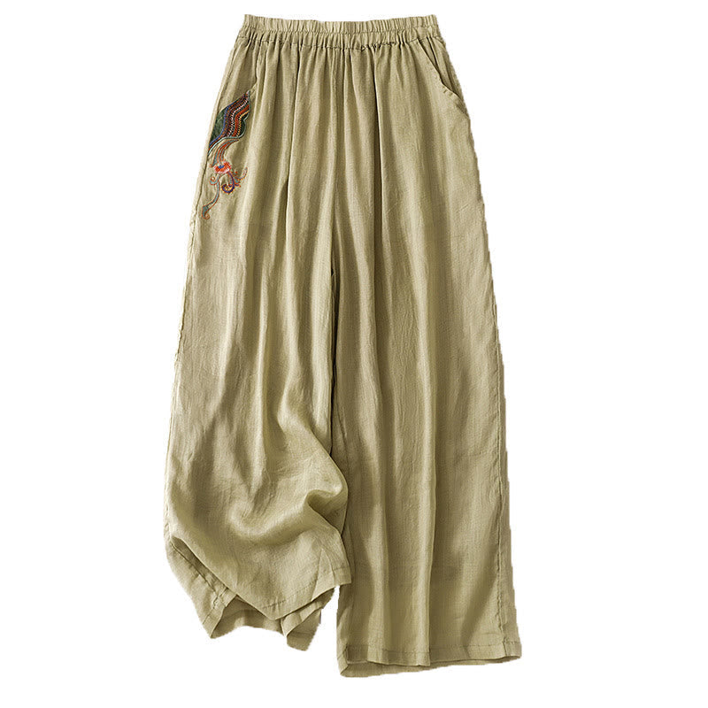 Nimara Ritual Summer Embroidery Double Layer Cotton Linen Women's Wide Leg Pants With Pockets