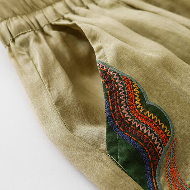 Nimara Ritual Summer Embroidery Double Layer Cotton Linen Women's Wide Leg Pants With Pockets