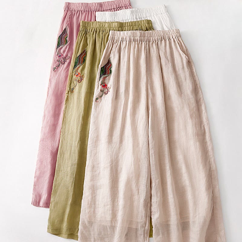 Nimara Ritual Summer Embroidery Double Layer Cotton Linen Women's Wide Leg Pants With Pockets