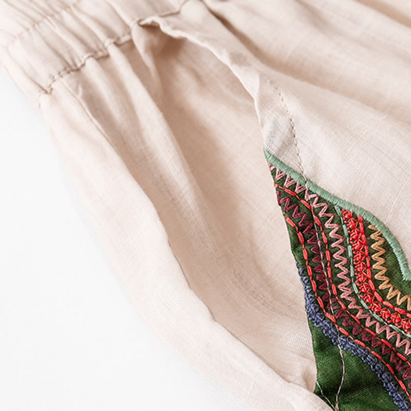 Nimara Ritual Summer Embroidery Double Layer Cotton Linen Women's Wide Leg Pants With Pockets