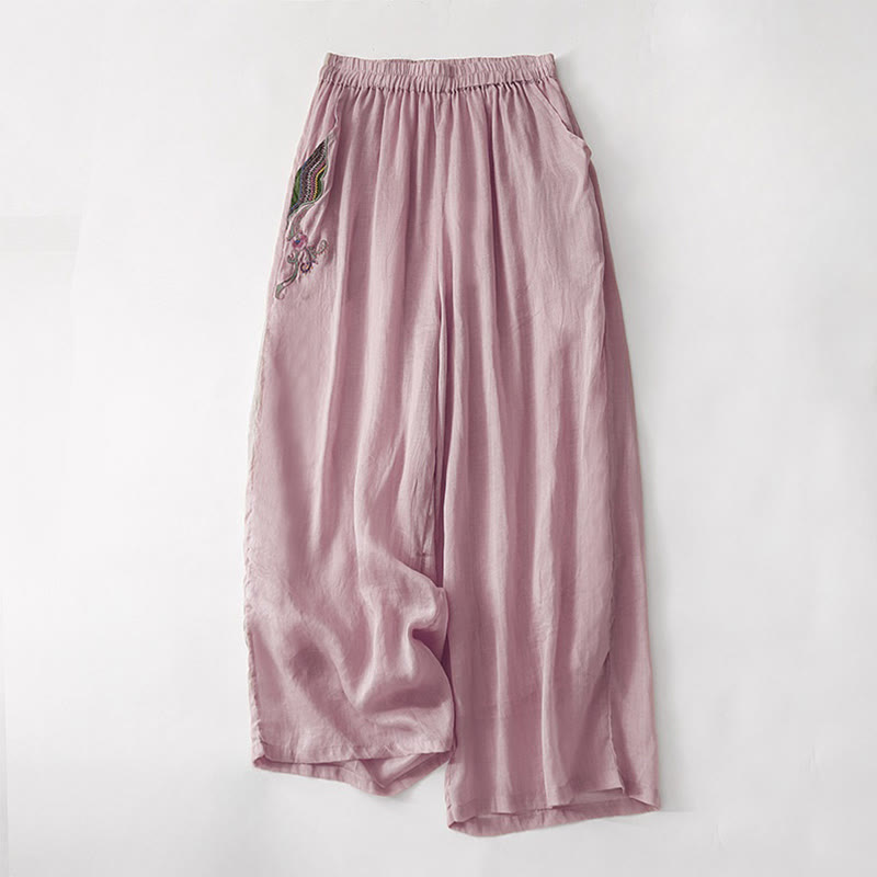 Nimara Ritual Summer Embroidery Double Layer Cotton Linen Women's Wide Leg Pants With Pockets