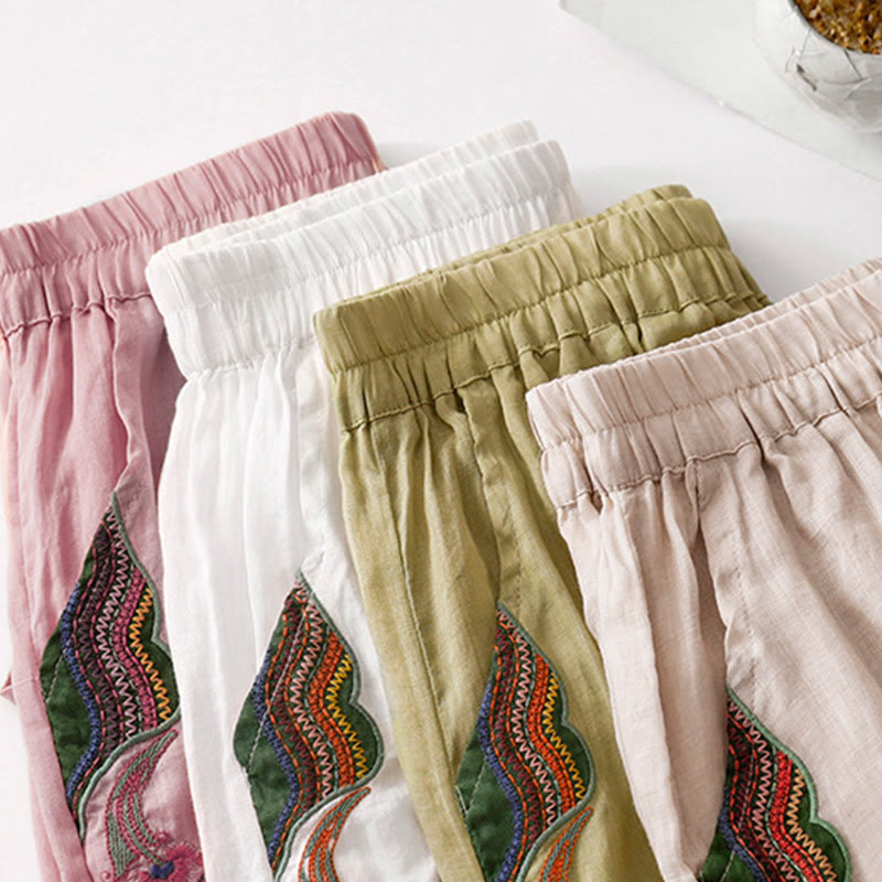 Nimara Ritual Summer Embroidery Double Layer Cotton Linen Women's Wide Leg Pants With Pockets