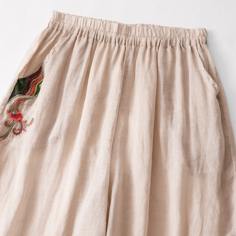Nimara Ritual Summer Embroidery Double Layer Cotton Linen Women's Wide Leg Pants With Pockets