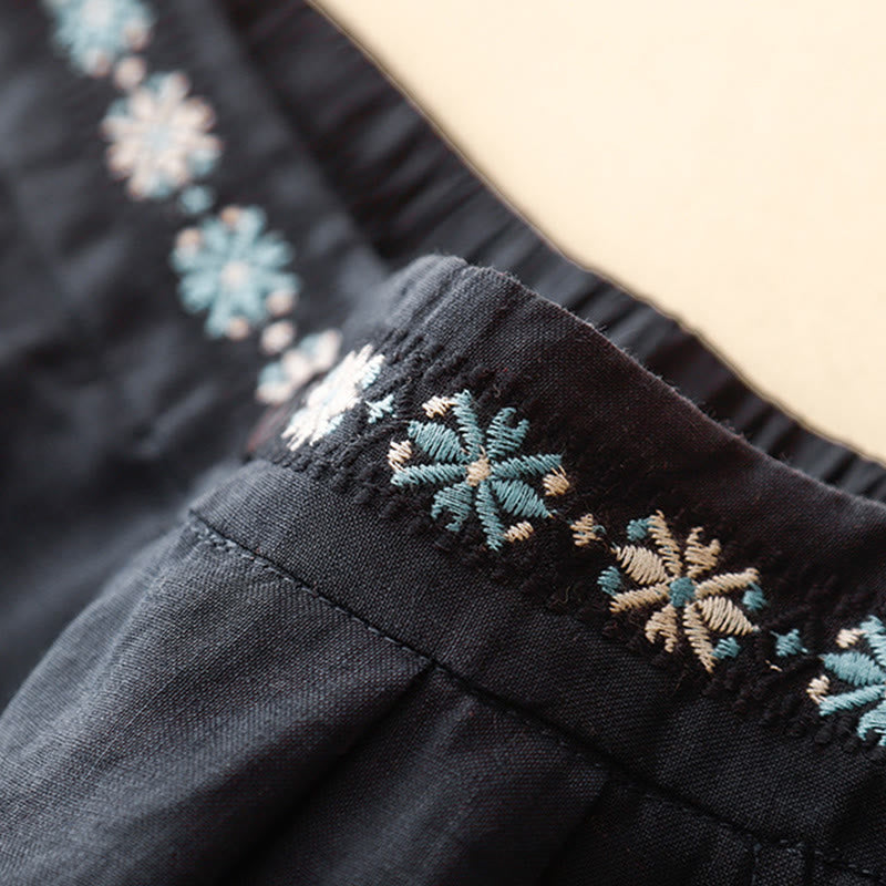 Nimara Ritual Summer Casual Embroidery Flower Pleated Zipper Button Polyester Women's Shorts With Pockets