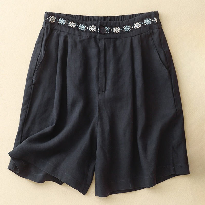 Nimara Ritual Summer Casual Embroidery Flower Pleated Zipper Button Polyester Women's Shorts With Pockets