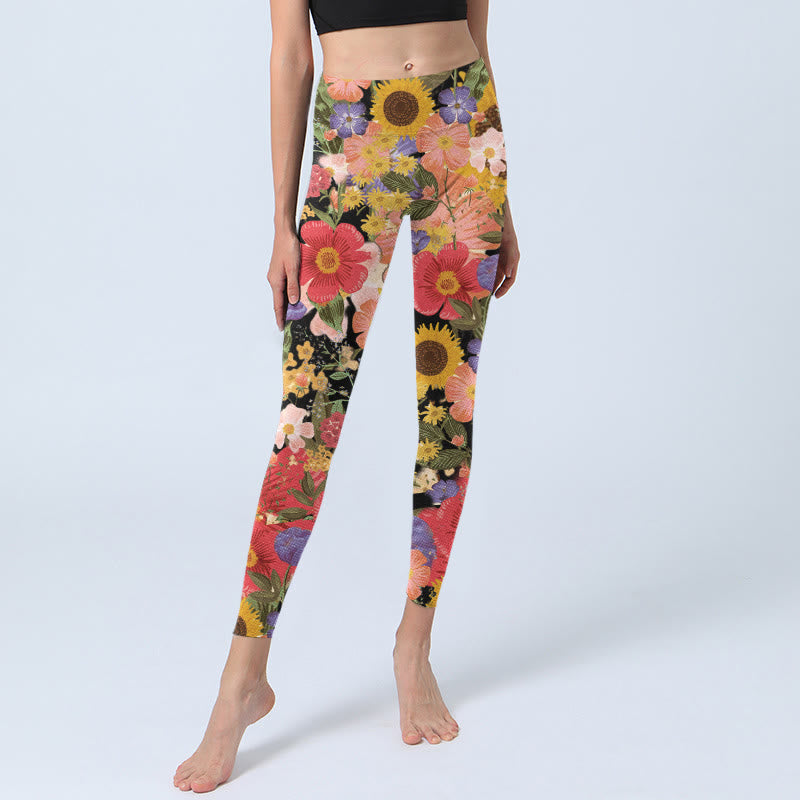 Nimara Ritual Sunflowers Pink Purple Flowers Print Sports Fitness Leggings Women's Yoga Pants