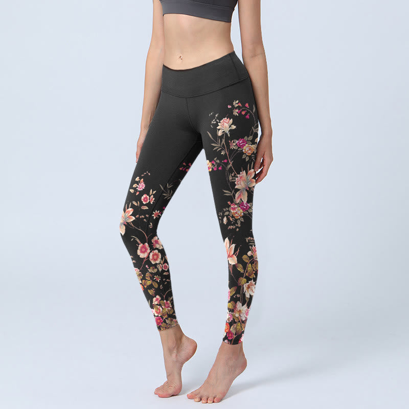 Nimara Ritual Pink Roses Beige Flowers Print Gym Fitness Leggings Women's Yoga Pants