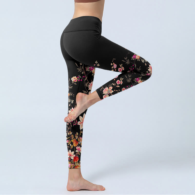 Nimara Ritual Pink Roses Beige Flowers Print Gym Fitness Leggings Women's Yoga Pants