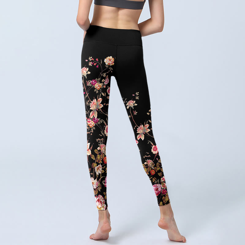 Nimara Ritual Pink Roses Beige Flowers Print Gym Fitness Leggings Women's Yoga Pants