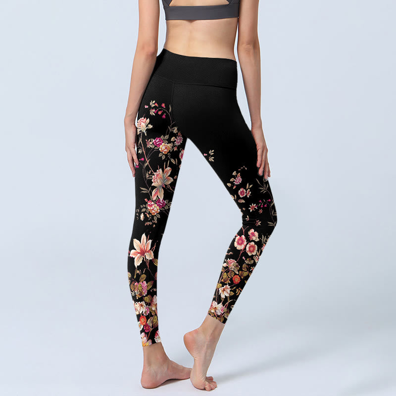 Nimara Ritual Pink Roses Beige Flowers Print Gym Fitness Leggings Women's Yoga Pants