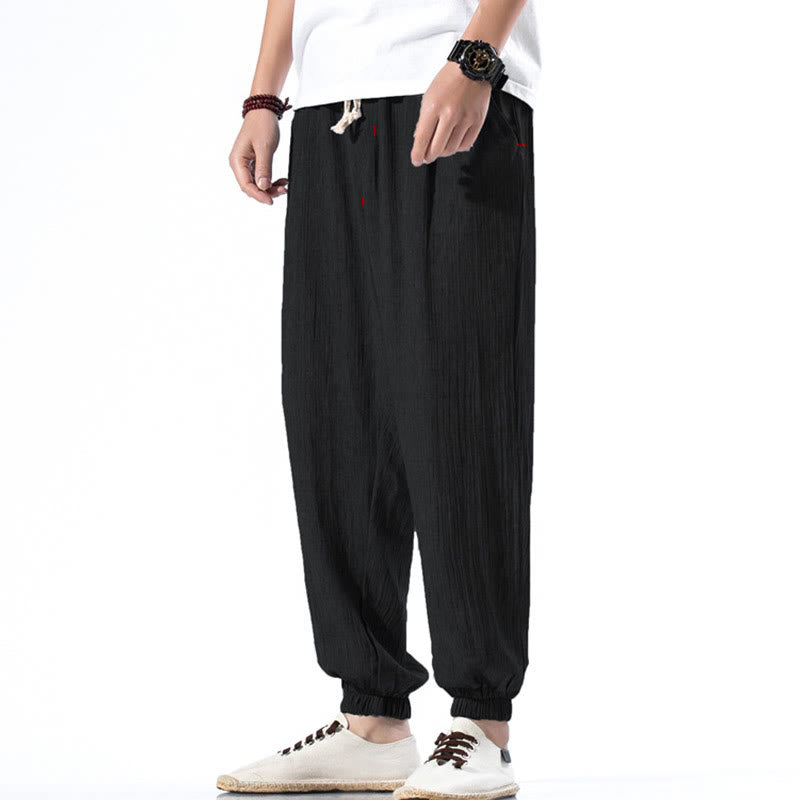 Nimara Ritual Casual Solid Color Drawstring Linen Men's Pants With Pockets