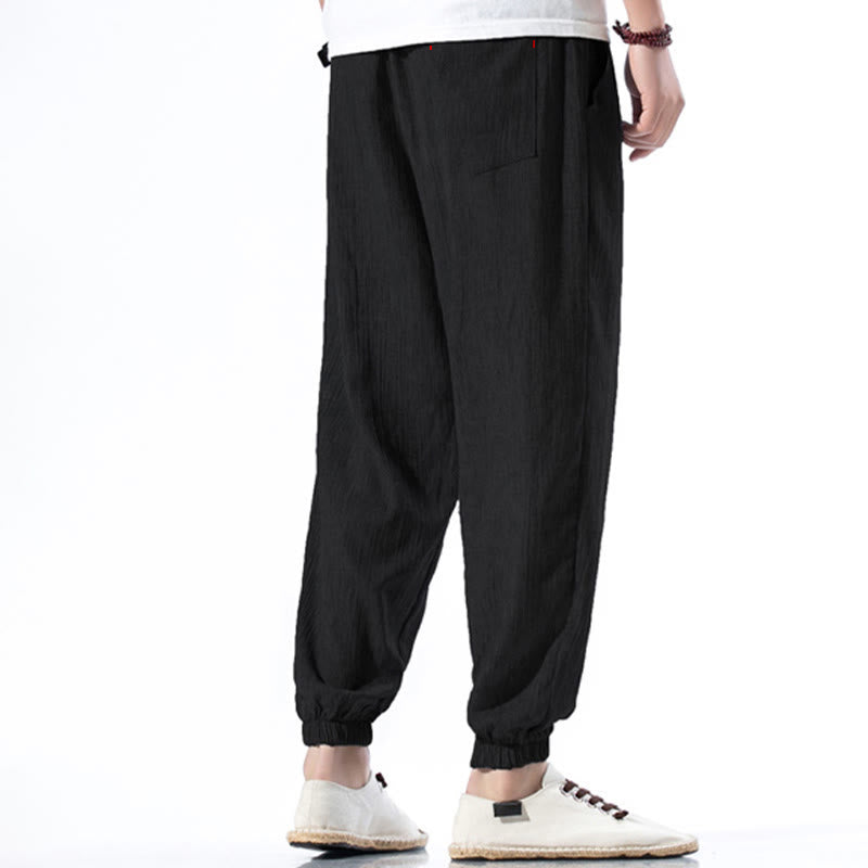 Nimara Ritual Casual Solid Color Drawstring Linen Men's Pants With Pockets