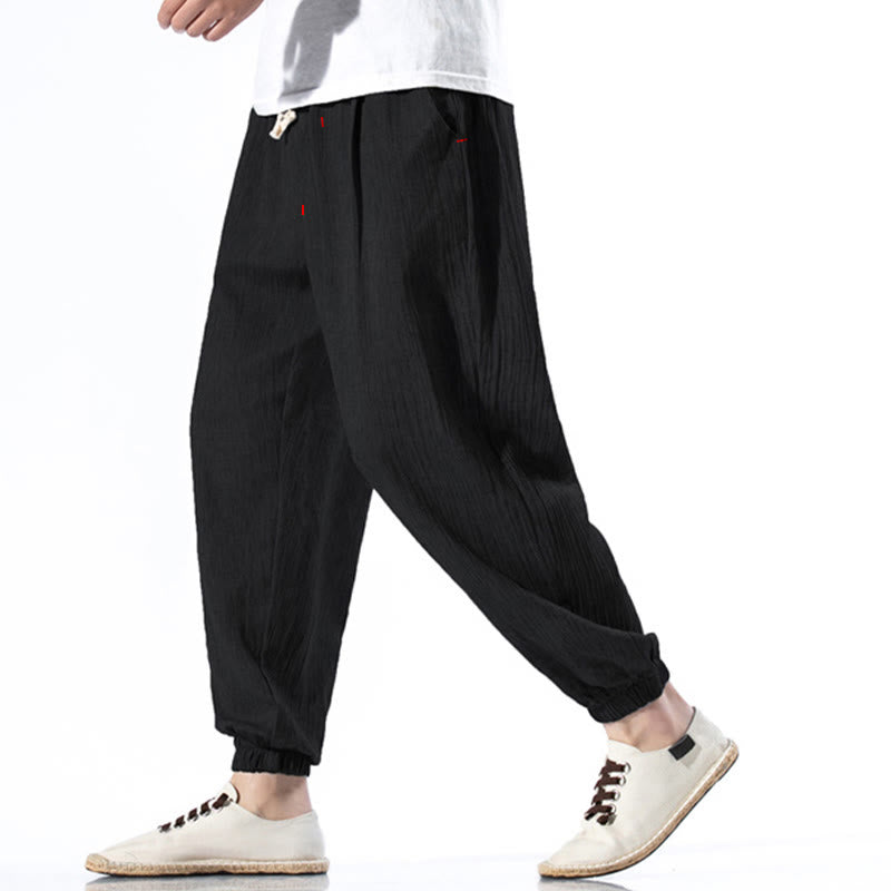 Nimara Ritual Casual Solid Color Drawstring Linen Men's Pants With Pockets
