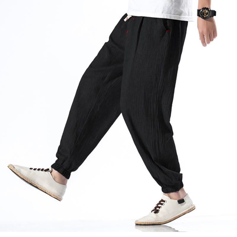 Nimara Ritual Casual Solid Color Drawstring Linen Men's Pants With Pockets