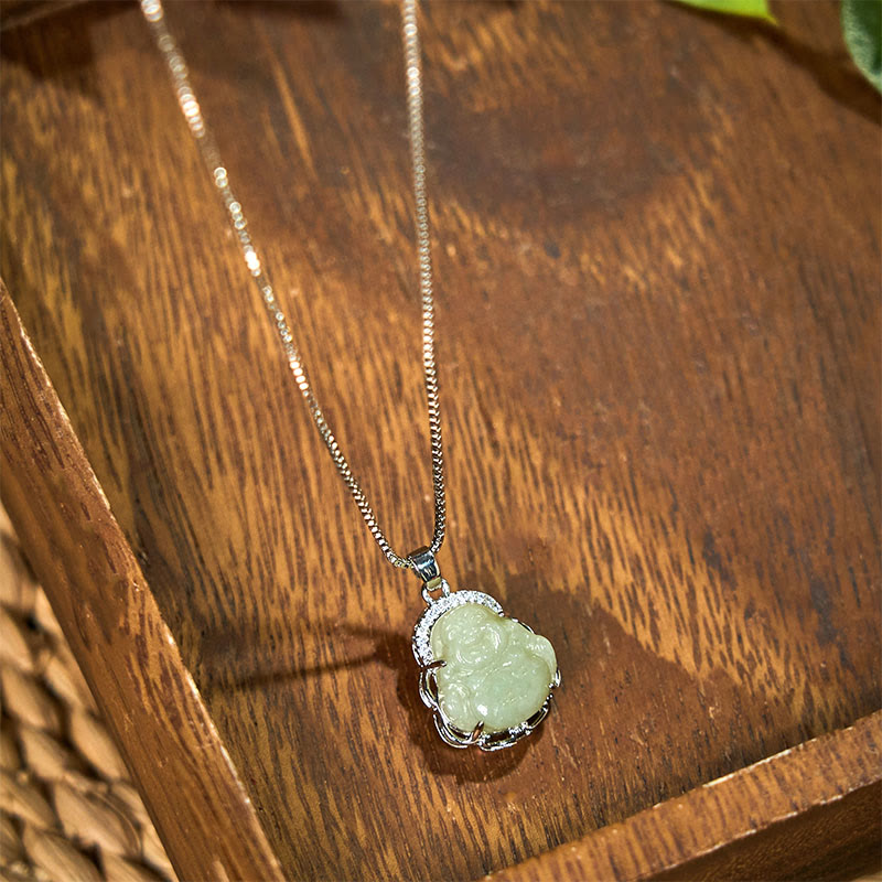 Nimara Ritual Natural Hetian Jade Laughing Buddha Abundance Necklace Pendant