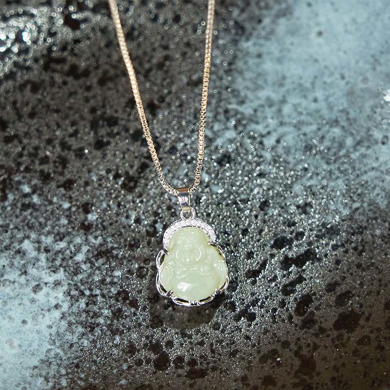 Nimara Ritual Natural Hetian Jade Laughing Buddha Abundance Necklace Pendant