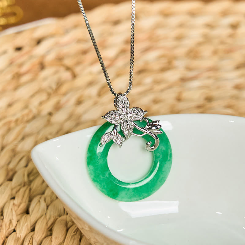 Nimara Ritual Cyan Jade Peace Buckle Alloy Flower Healing Luck Necklace Pendant