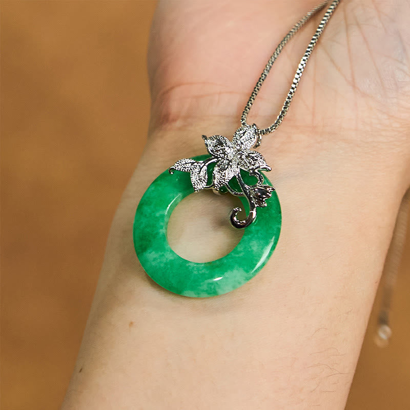 Nimara Ritual Cyan Jade Peace Buckle Alloy Flower Healing Luck Necklace Pendant