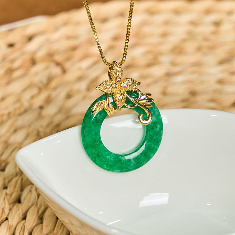 Nimara Ritual Cyan Jade Peace Buckle Alloy Flower Healing Luck Necklace Pendant