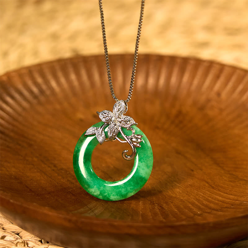 Nimara Ritual Cyan Jade Peace Buckle Alloy Flower Healing Luck Necklace Pendant