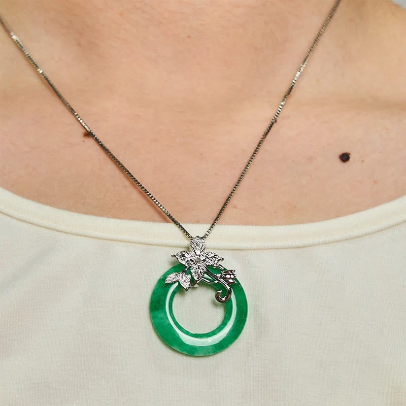Nimara Ritual Cyan Jade Peace Buckle Alloy Flower Healing Luck Necklace Pendant