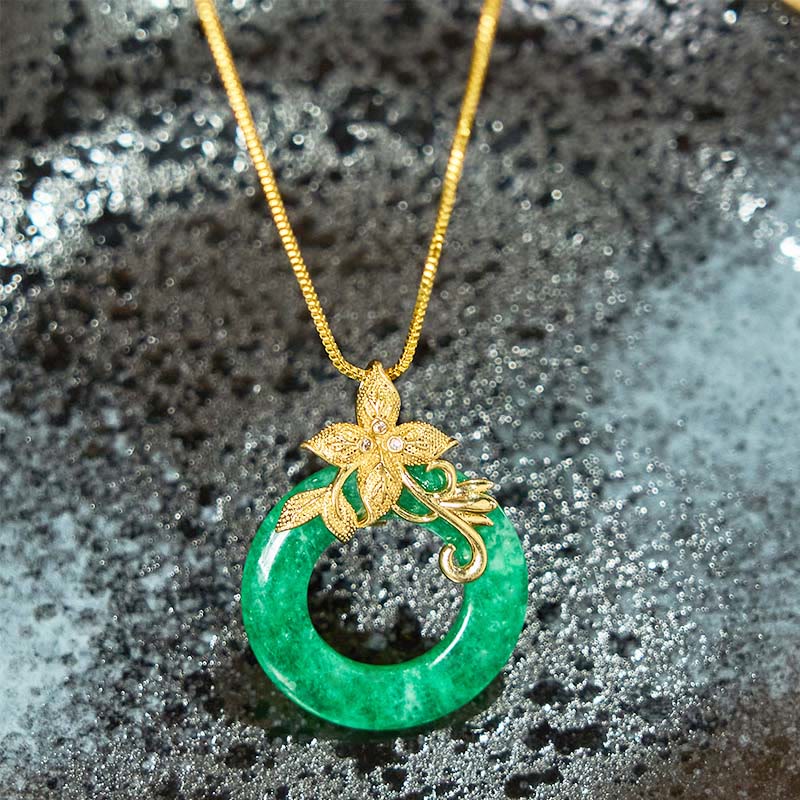 Nimara Ritual Cyan Jade Peace Buckle Alloy Flower Healing Luck Necklace Pendant