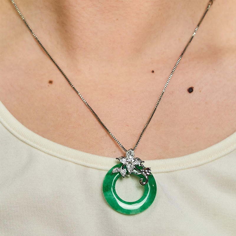 Nimara Ritual Cyan Jade Peace Buckle Alloy Flower Healing Luck Necklace Pendant