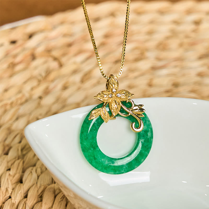 Nimara Ritual Cyan Jade Peace Buckle Alloy Flower Healing Luck Necklace Pendant