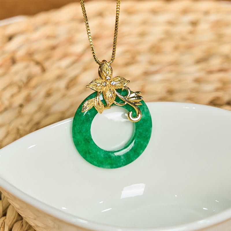 Nimara Ritual Cyan Jade Peace Buckle Alloy Flower Healing Luck Necklace Pendant
