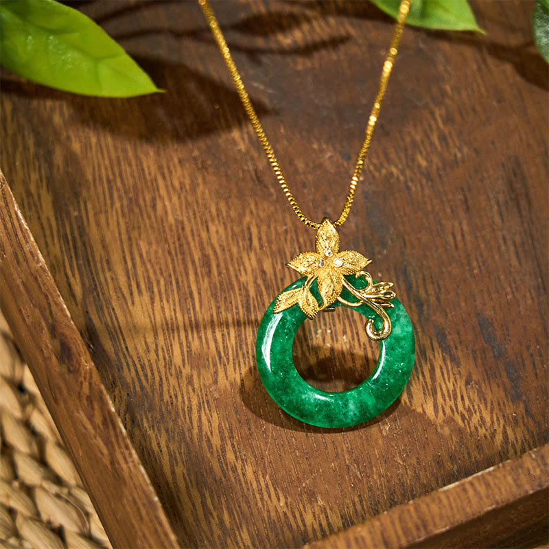 Nimara Ritual Cyan Jade Peace Buckle Alloy Flower Healing Luck Necklace Pendant
