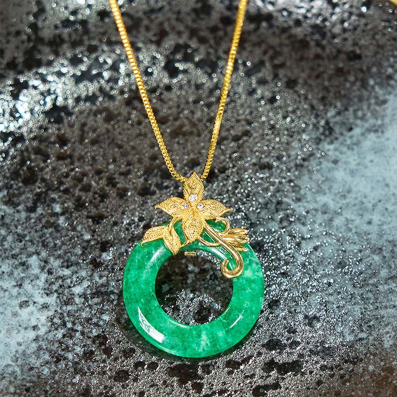 Nimara Ritual Cyan Jade Peace Buckle Alloy Flower Healing Luck Necklace Pendant