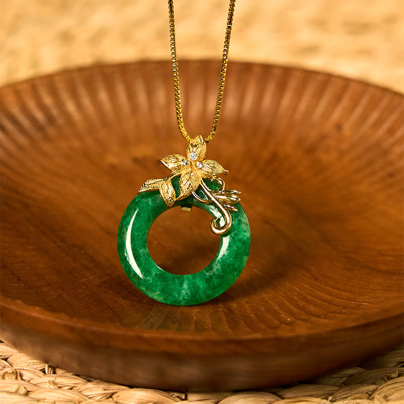 Nimara Ritual Cyan Jade Peace Buckle Alloy Flower Healing Luck Necklace Pendant