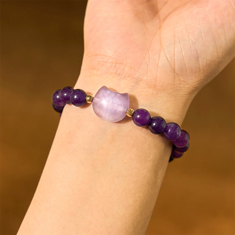 Nimara Ritual Amethyst Green Aventurine Rose Quartz Fluorite Cat Head Balance Luck Bracelet