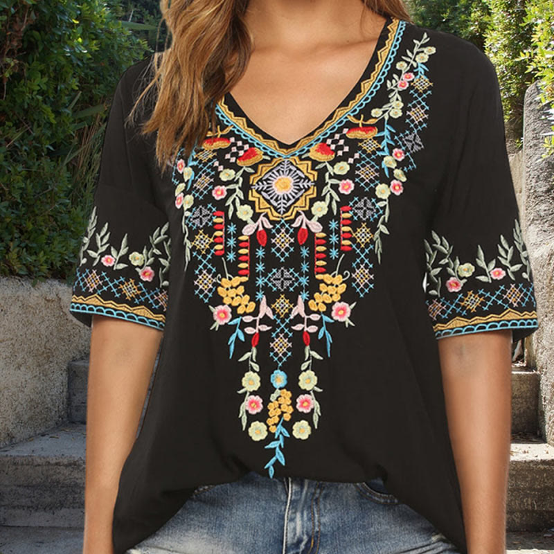 Nimara Ritual Embroidery Flower Design Short Sleeve V-neck Women's T-Shirt