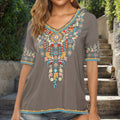 Nimara Ritual Embroidery Flower Design Short Sleeve V-neck Women's T-Shirt