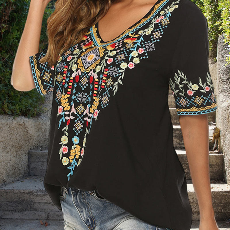Nimara Ritual Embroidery Flower Design Short Sleeve V-neck Women's T-Shirt