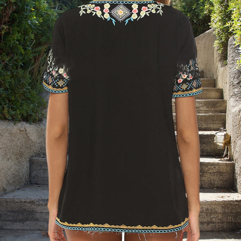 Nimara Ritual Embroidery Flower Design Short Sleeve V-neck Women's T-Shirt