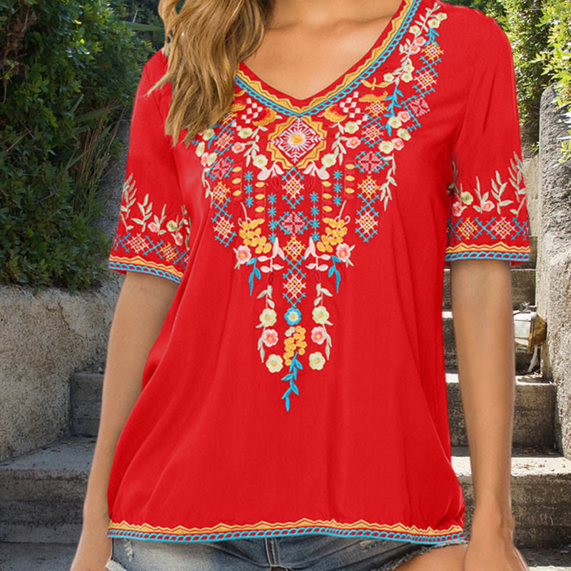 Nimara Ritual Embroidery Flower Design Short Sleeve V-neck Women's T-Shirt
