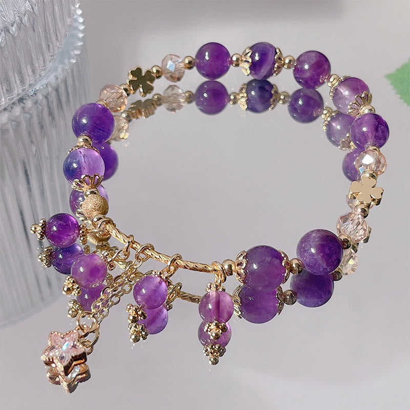 Nimara Ritual Natural Amethyst Four Leaf Clover Star Peace Bracelet