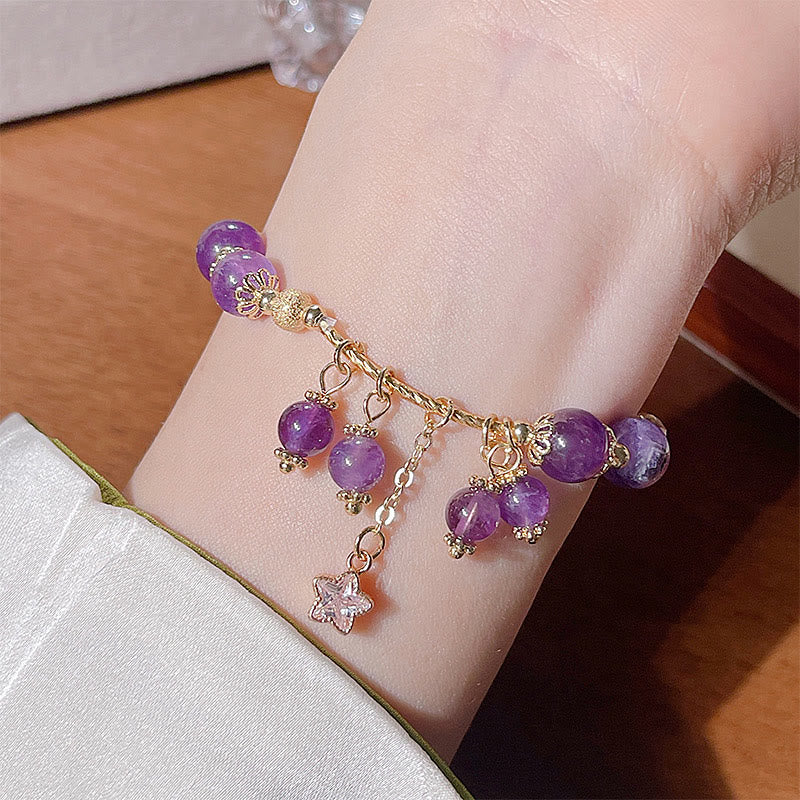 Nimara Ritual Natural Amethyst Four Leaf Clover Star Peace Bracelet