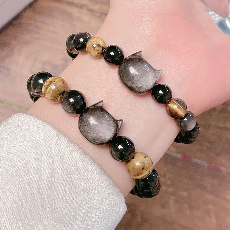 Nimara Ritual Natural Silver Sheen Obsidian Beads Cute Cat Soothing Bracelet