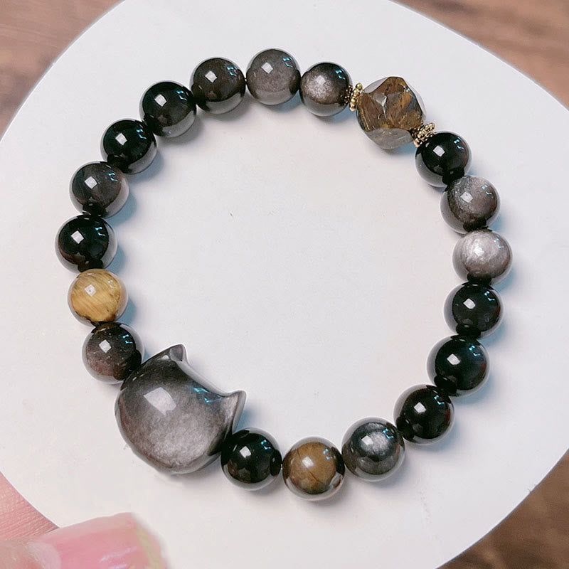 Nimara Ritual Natural Silver Sheen Obsidian Beads Cute Cat Soothing Bracelet