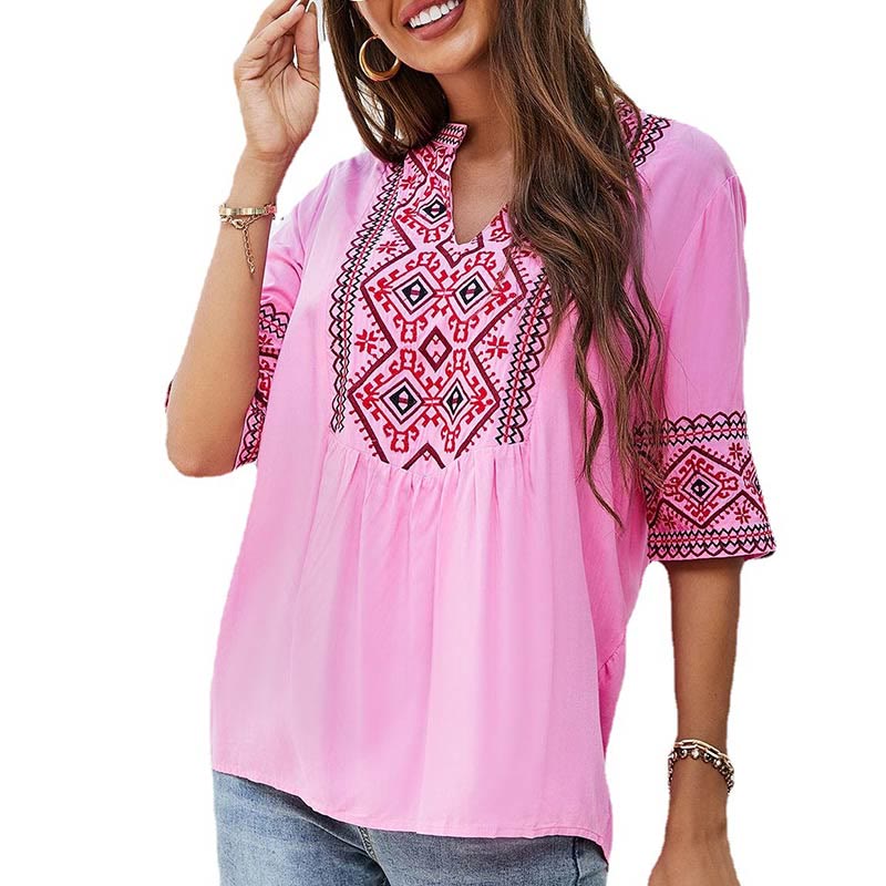 Nimara Ritual Summer Boho Embroidery Floral Pattern Half Sleeve V-neck Cotton Women's T-Shirt